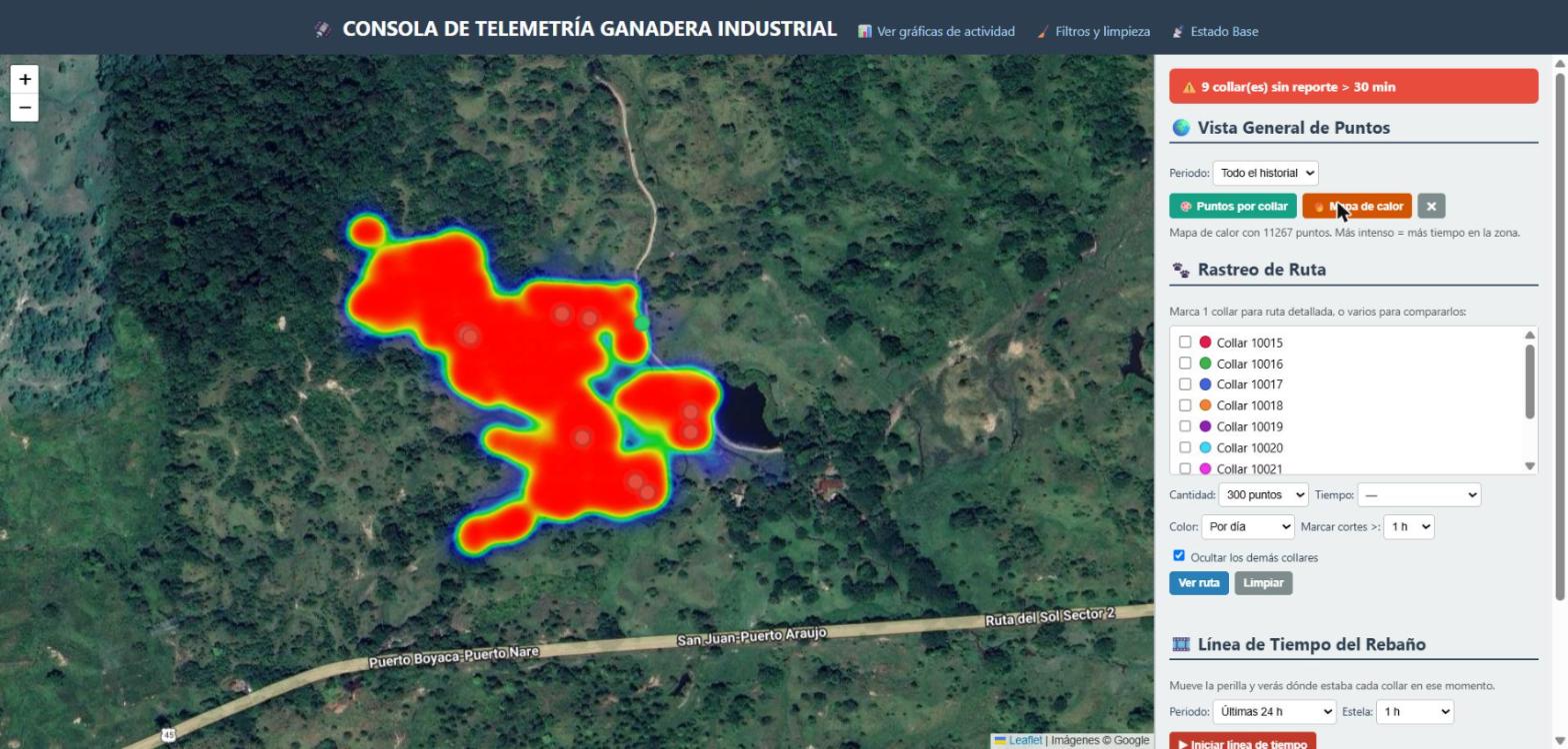 Mapa de calor con la densidad de movimiento del ganado